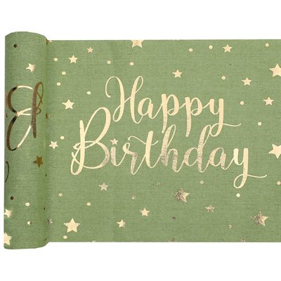 Chemin de table Happy Birthday Sauge 28 cm Rouleau de 3 mètr